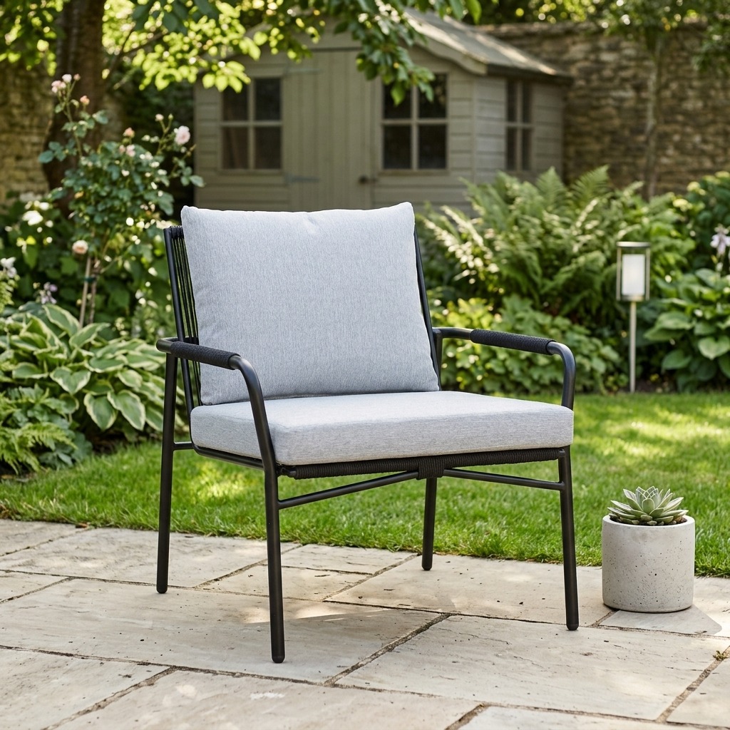 Gartenstuhl, Sessel, Metallgestell, Stoffkissen, Outdoor-Möbel