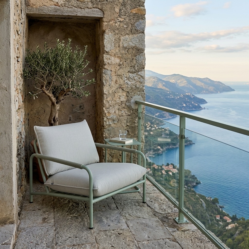 Terrassenstuhl, Außenbereich Sitzgelegenheit, Patio-Lounge, Natursteinwand, Meerblick