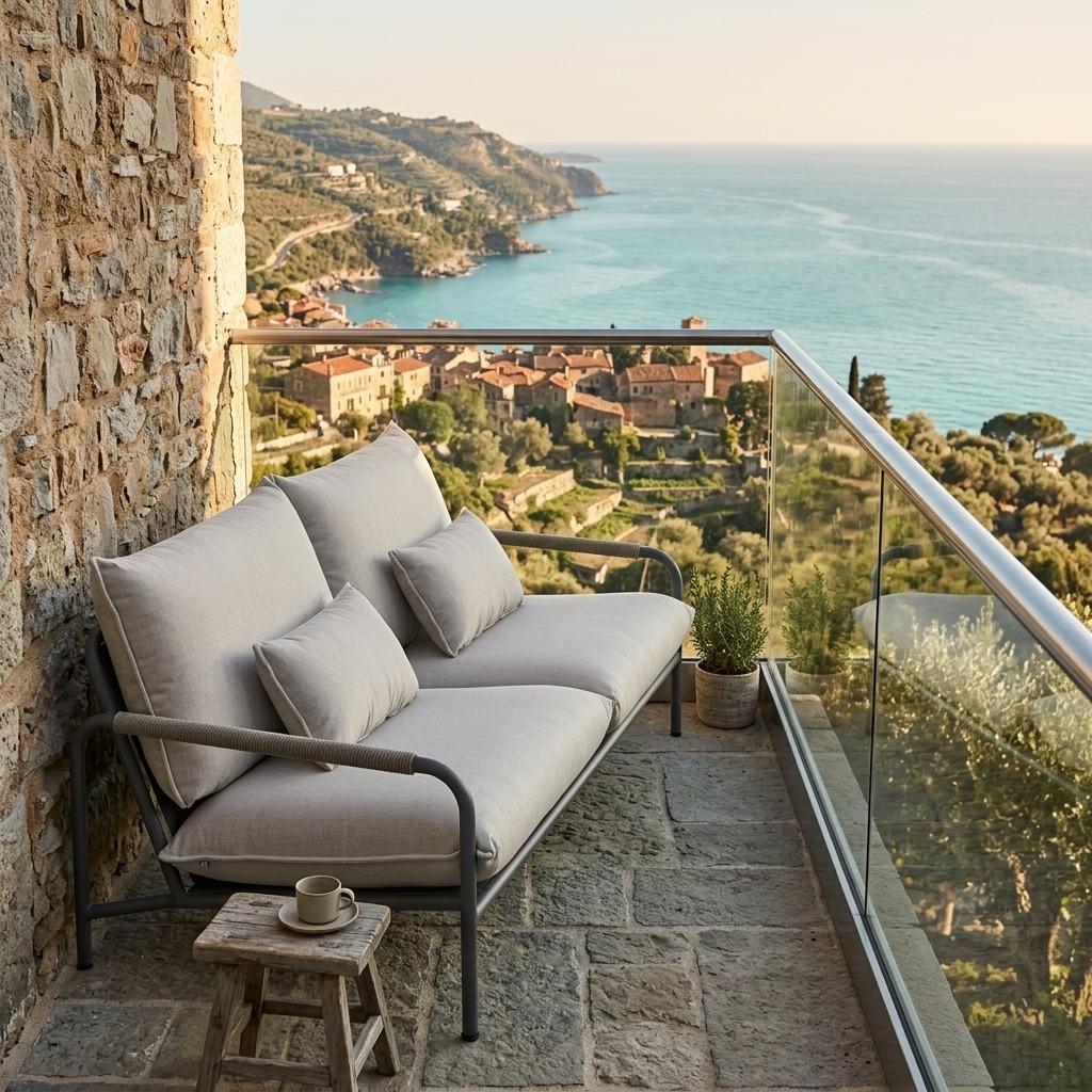 Terrasse, Sofa, Kissen, Glasgeländer, Meerblick