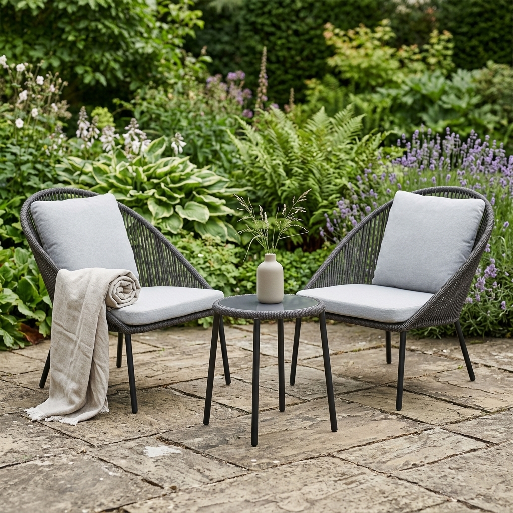 gartenmöbel, sesselsatz, tisch, pflanzendekor, stuhlauflagen