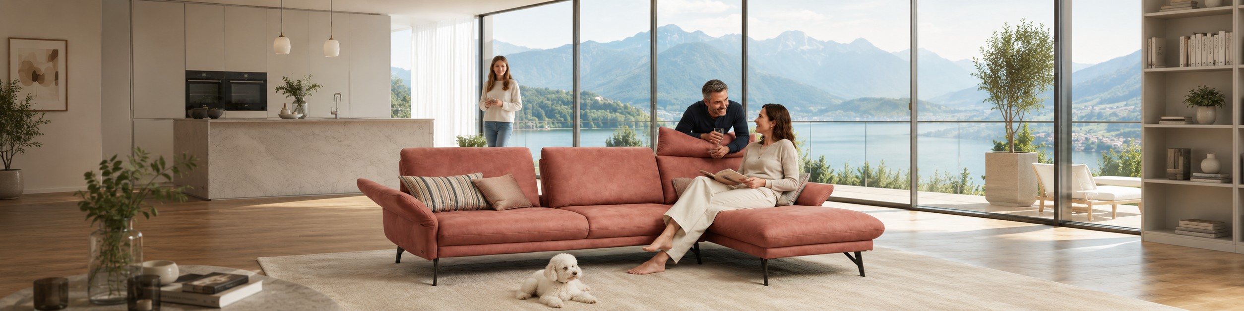 sofа, sectional, rose, Stoff, Wohnzimmer