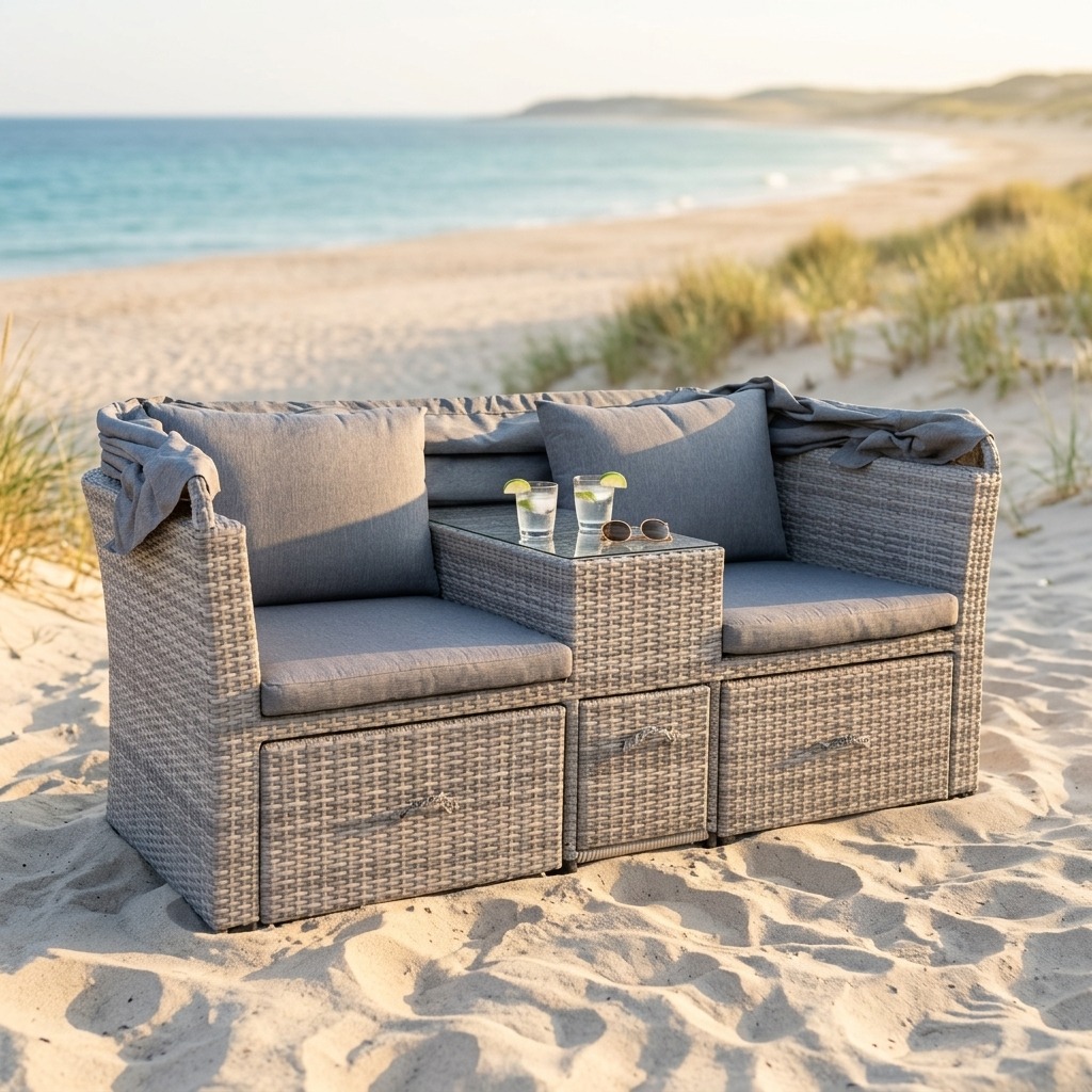 Sofa, Gartenmöbel, Rattan, Kissen, Beistelltisch