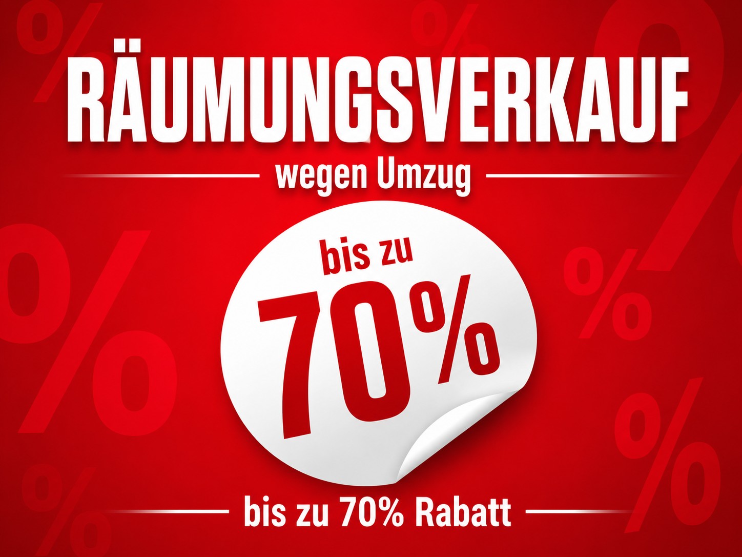 category: Verkaufsplakat, color: rot, text: 70% rabatt, design: gebogener Aufkleber, pattern: Prozentzeichen