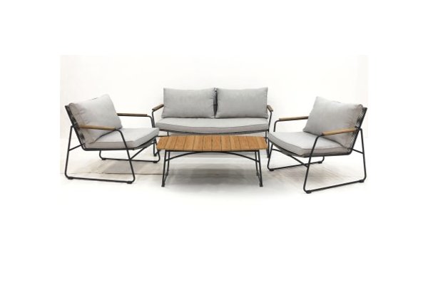 Outdoor-Set, Sitzgruppe, Metallrahmen, Holztisch, graue Kissen