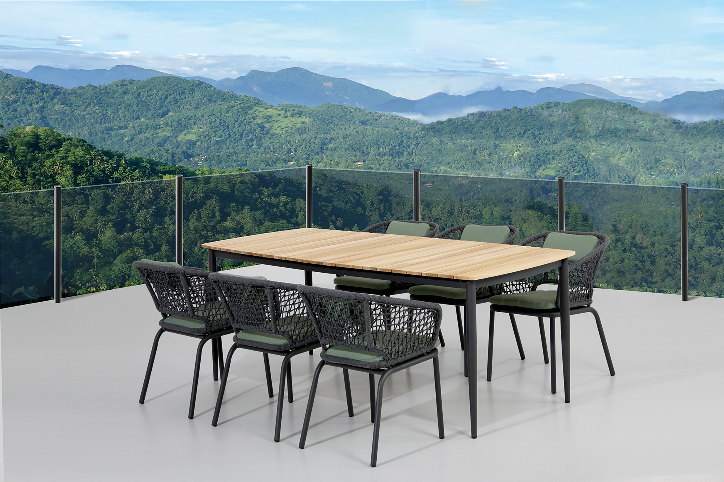 Gartenmöbel, Esstisch, Holztisch, Stühle, Glasbalustrade