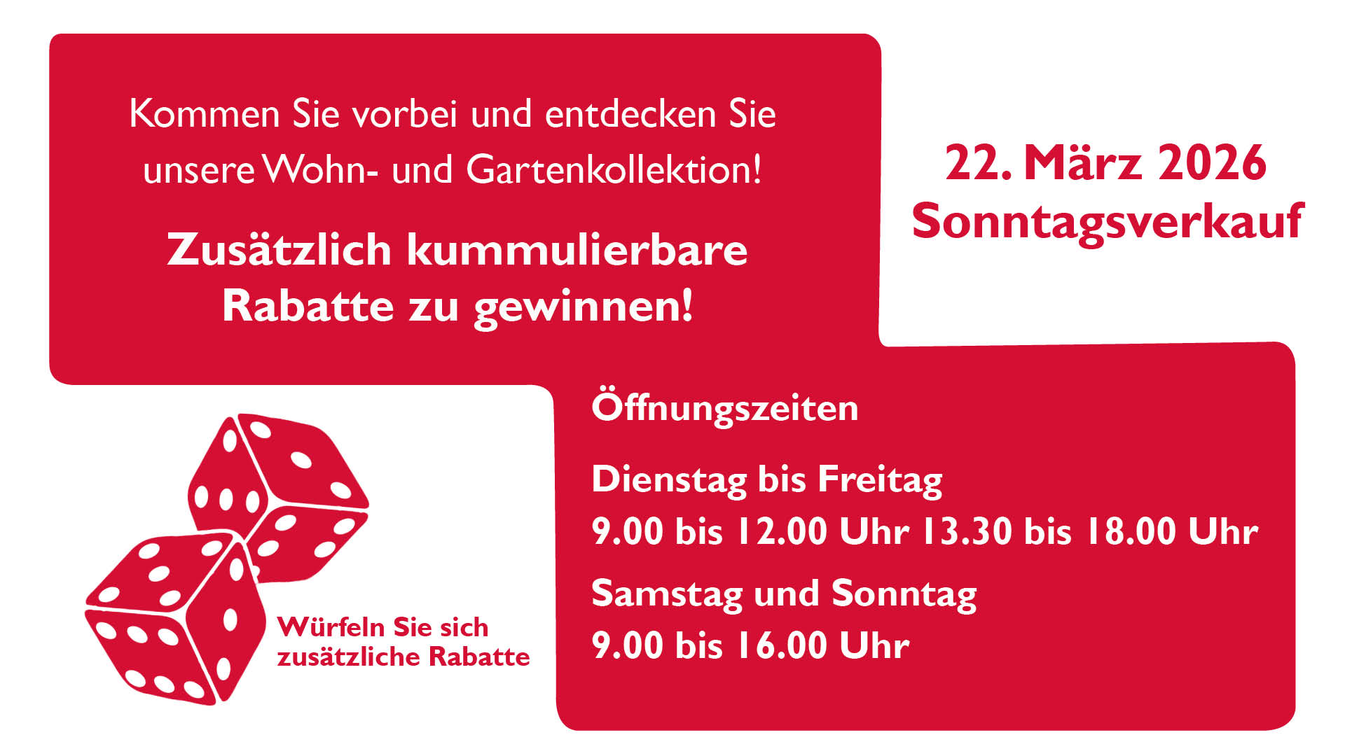 rot poster, würfel, werbung, rabatt, öffnungszeiten