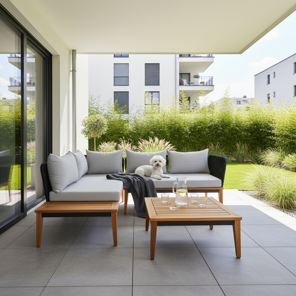 outdoor sofa, Gartenmöbel, Kaffeetisch, Gartenbegrünung, Hund auf Sofa