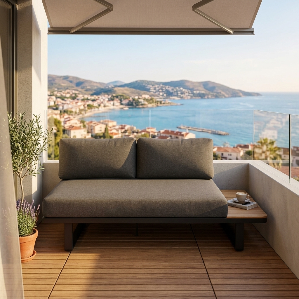 sofa, outdoor, balcony, cushions, wooden table