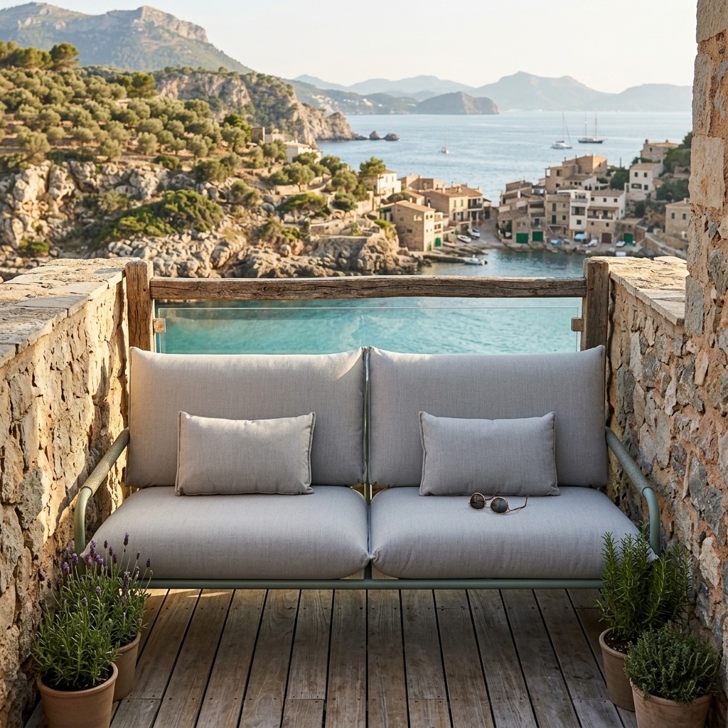 Sofa, Balkon, Sitzmöbel, Kieselsteine, Meeresblick