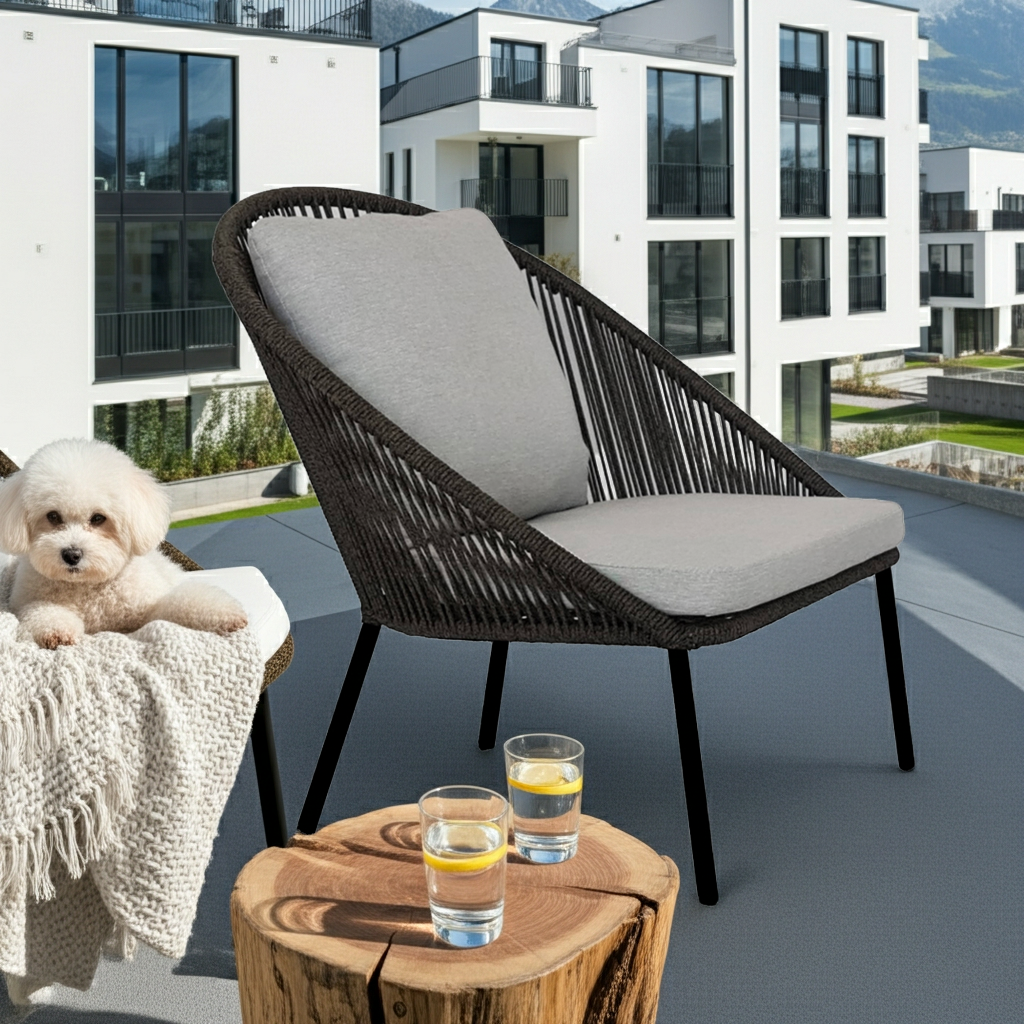 Sessel Lola mit Seilgeflecht schwarz, Metallgestell pulve...