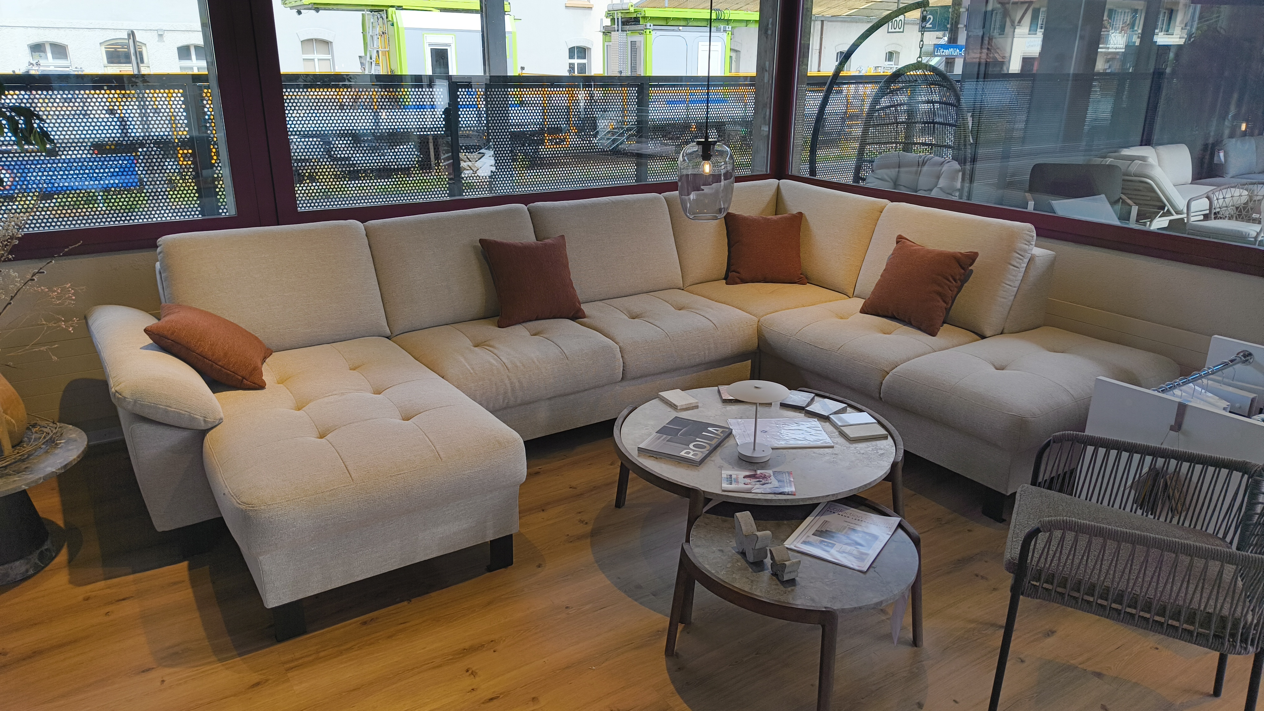 Sofa, Sesselgruppe, Beige, Stoff, Kissen