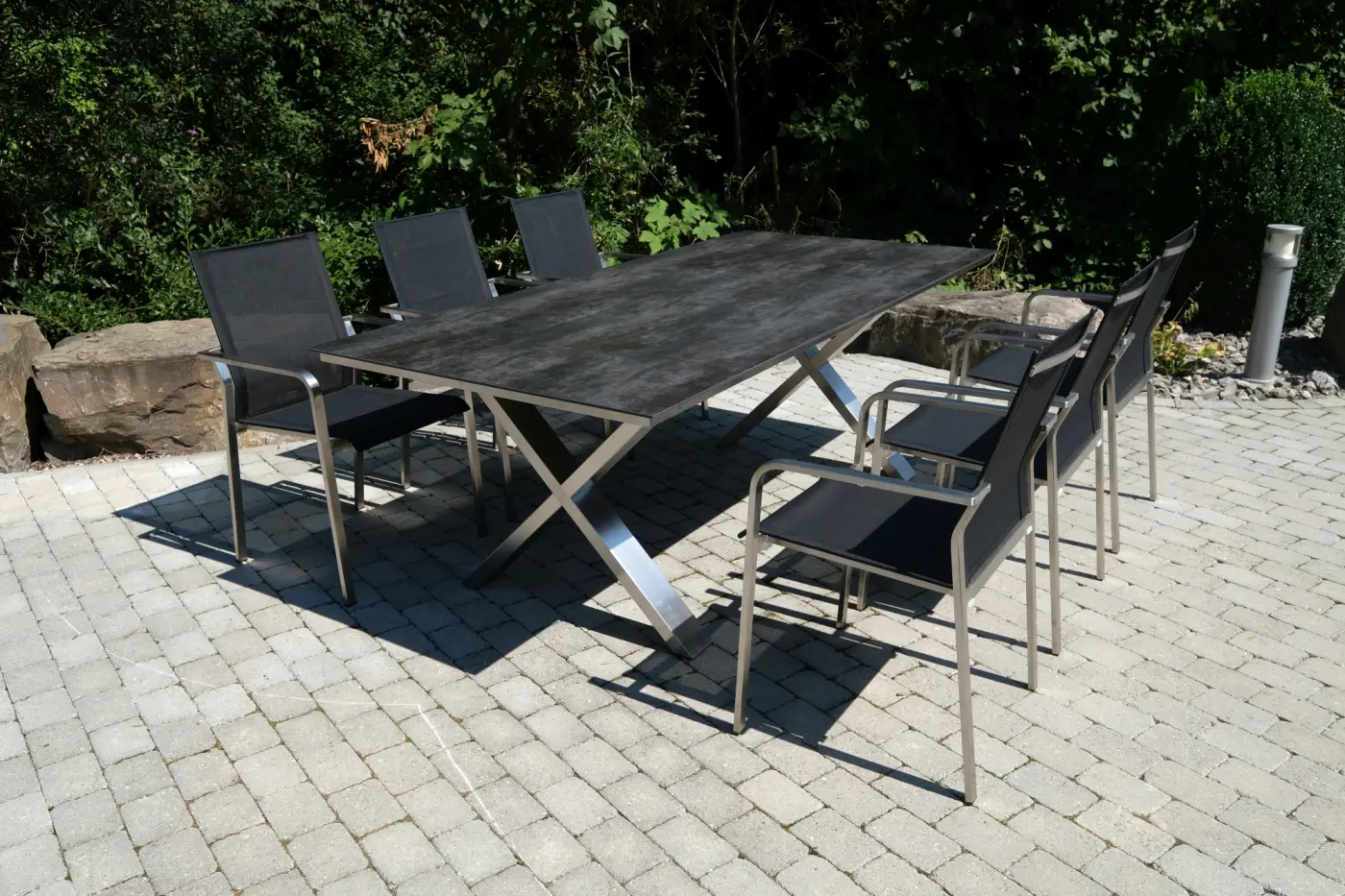 Gartentisch Monaco, Edelstahl X-Form, 210x100 cm Keramikp... Gartentisch Monaco, Edelstahl X-Form, 210x100 cm Keramikp...
