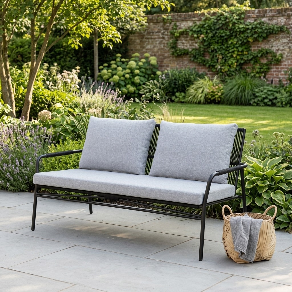 Outdoor-Sofa, Cushioned-Sofa, Garten-Lounge, Metallrahmen, Grau-Kissen