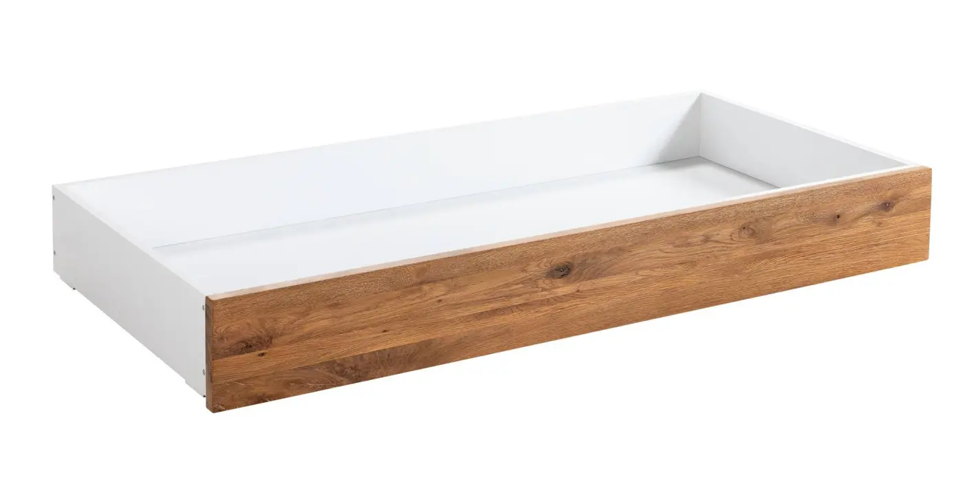 Hasena Bettschublade/Bettkasten rollbar ROLL-BOX - 137 cm Fuss: 20 - Schublade: Weiss / Front: Wildeiche natur, gebürstet, geölt