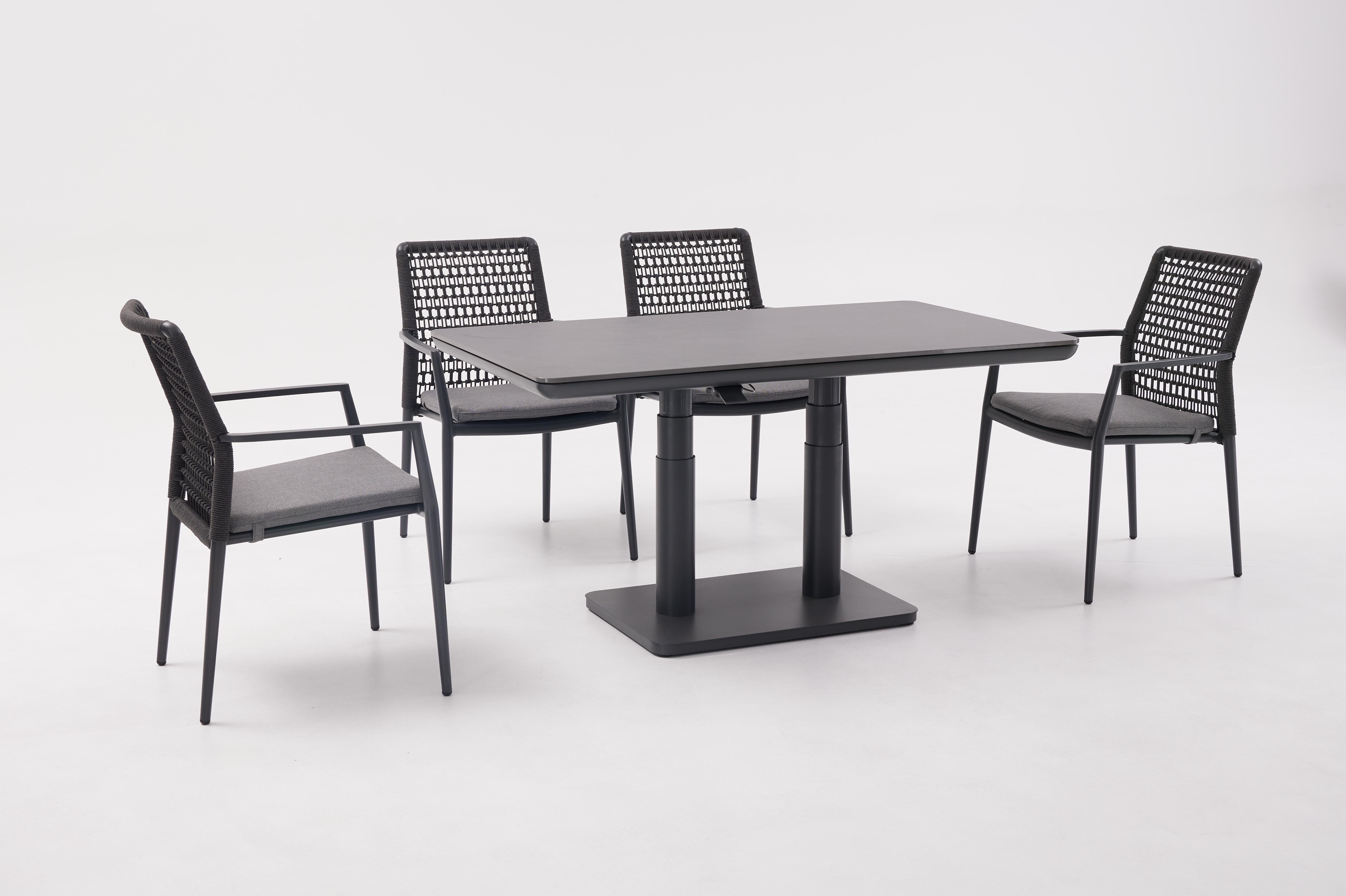 Esstisch, Rattan-Optik, Metallgestell, Grau, Stuhlset