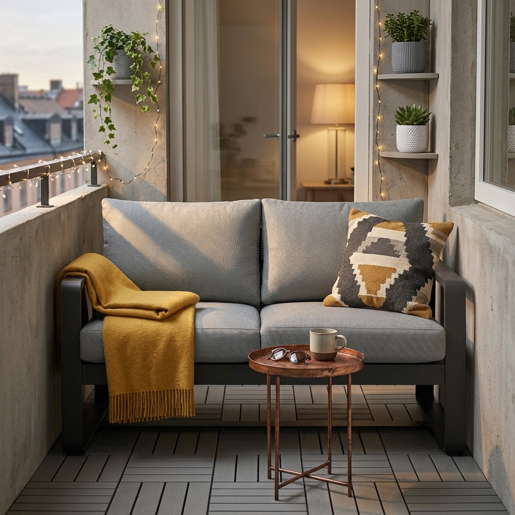 outdoor balcony, Sofa, Kissen, Decke, Pflanzen