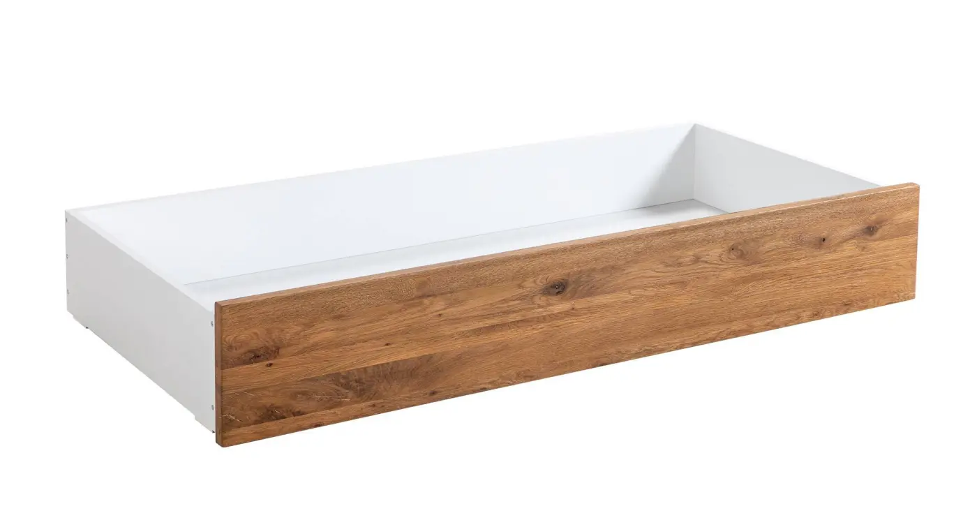 Hasena Bettschublade/Bettkasten rollbar ROLL-BOX - 137 cm Fuss: 25 - Schublade: Weiss / Front: Wildeiche natur, gebürstet, geölt