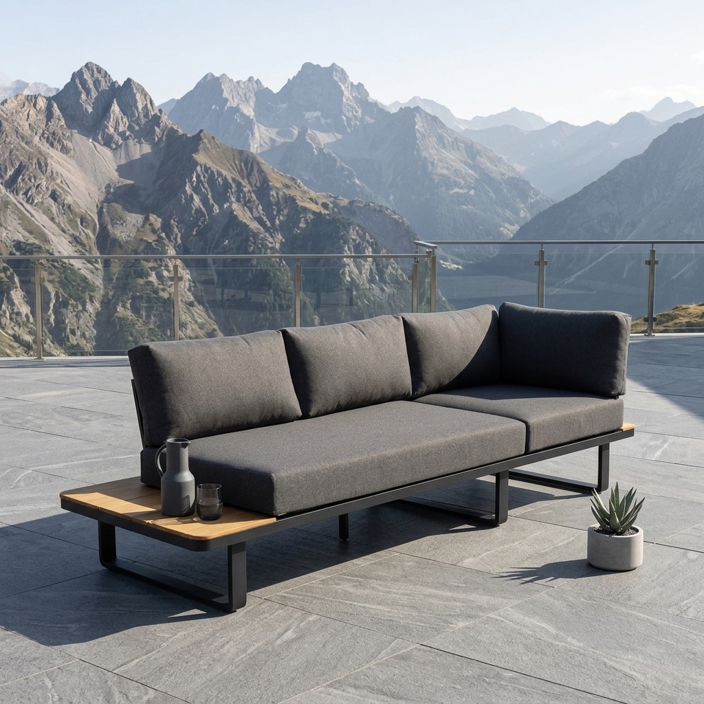 outdoor sofa, graue Polster, Gartenmöbel, Berglandschaft, Beistelltisch mit Karaffe